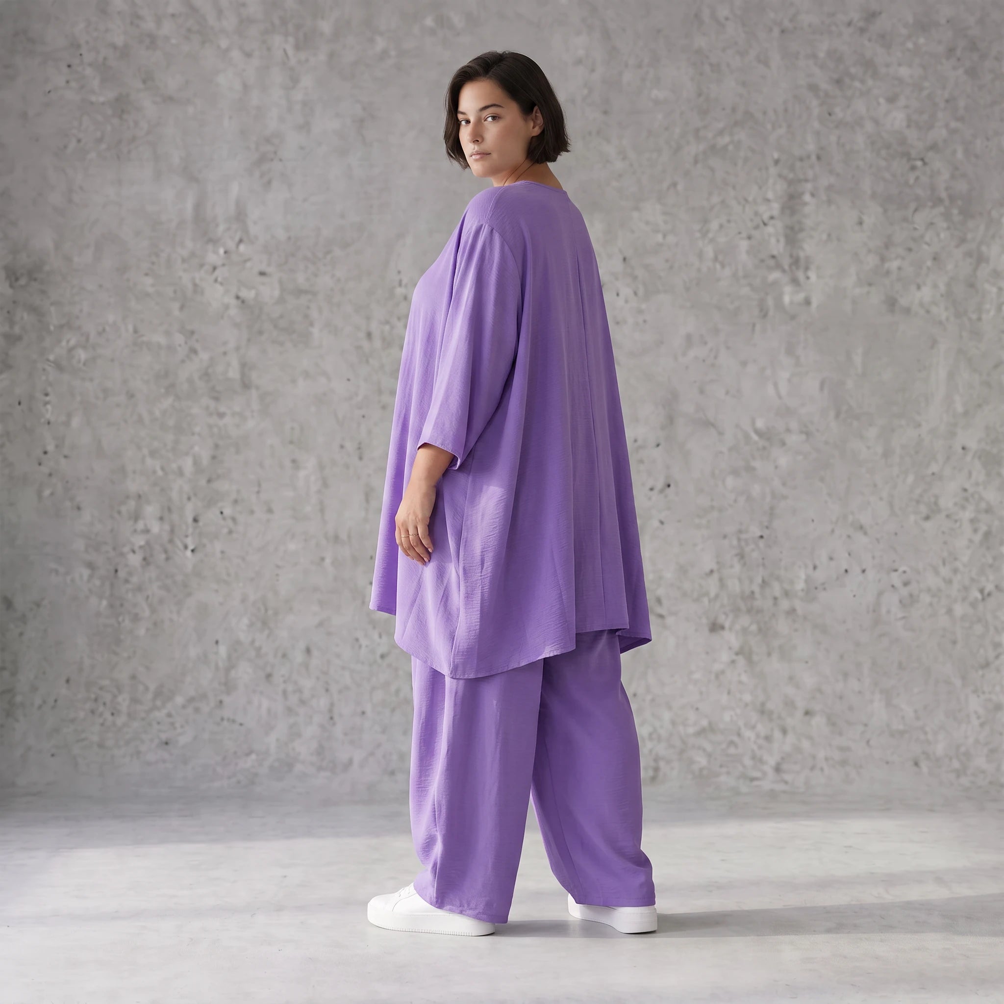 Flieder Leinenlook Shirt im Lagenlook Oversize leger mit V-Ausschnitt und Biesen zeitlos