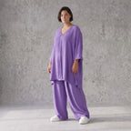 Flieder Leinenlook Shirt im Lagenlook Oversize leger mit V-Ausschnitt und Biesen zeitlos