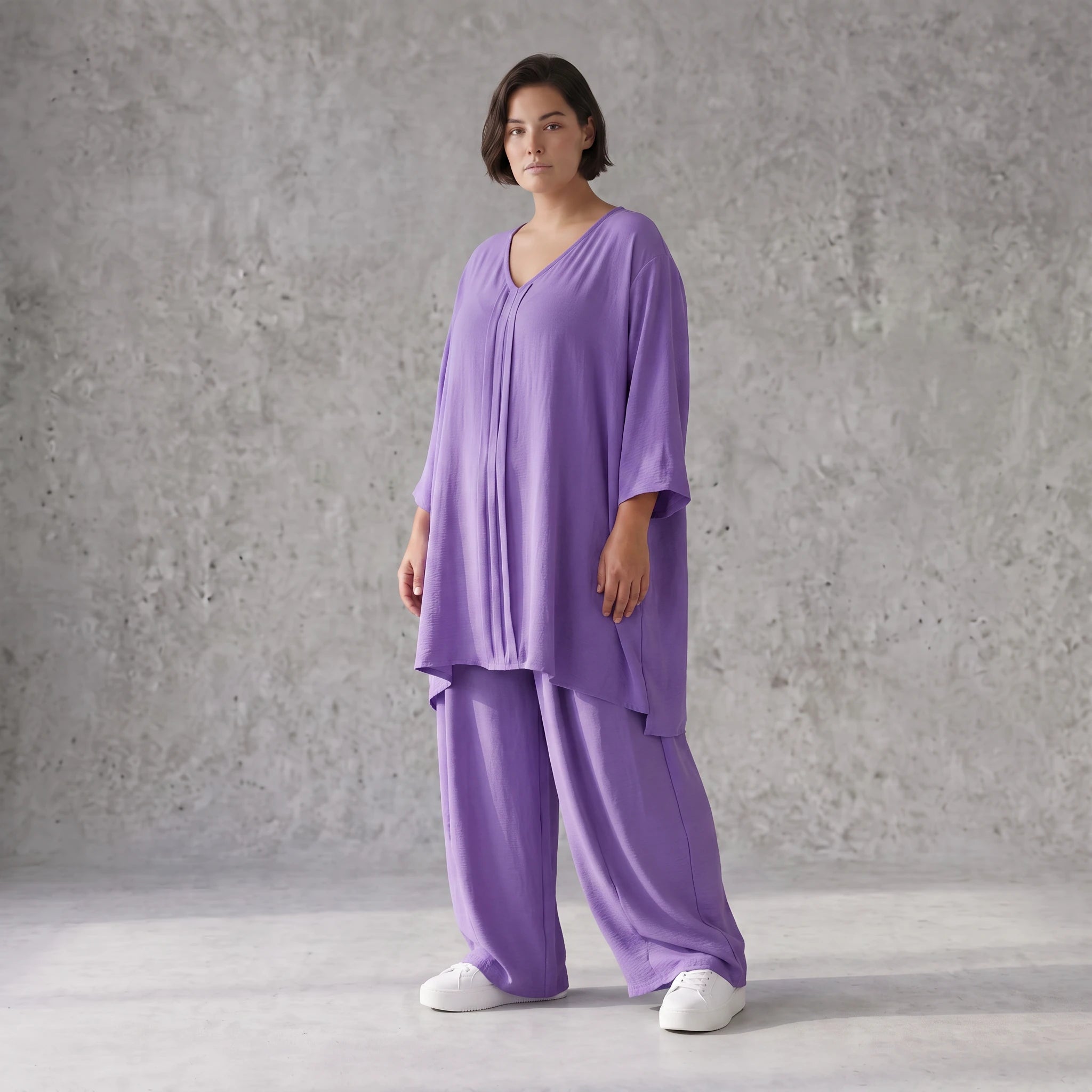 Flieder Leinenlook Shirt im Lagenlook Oversize leger mit V-Ausschnitt und Biesen zeitlos