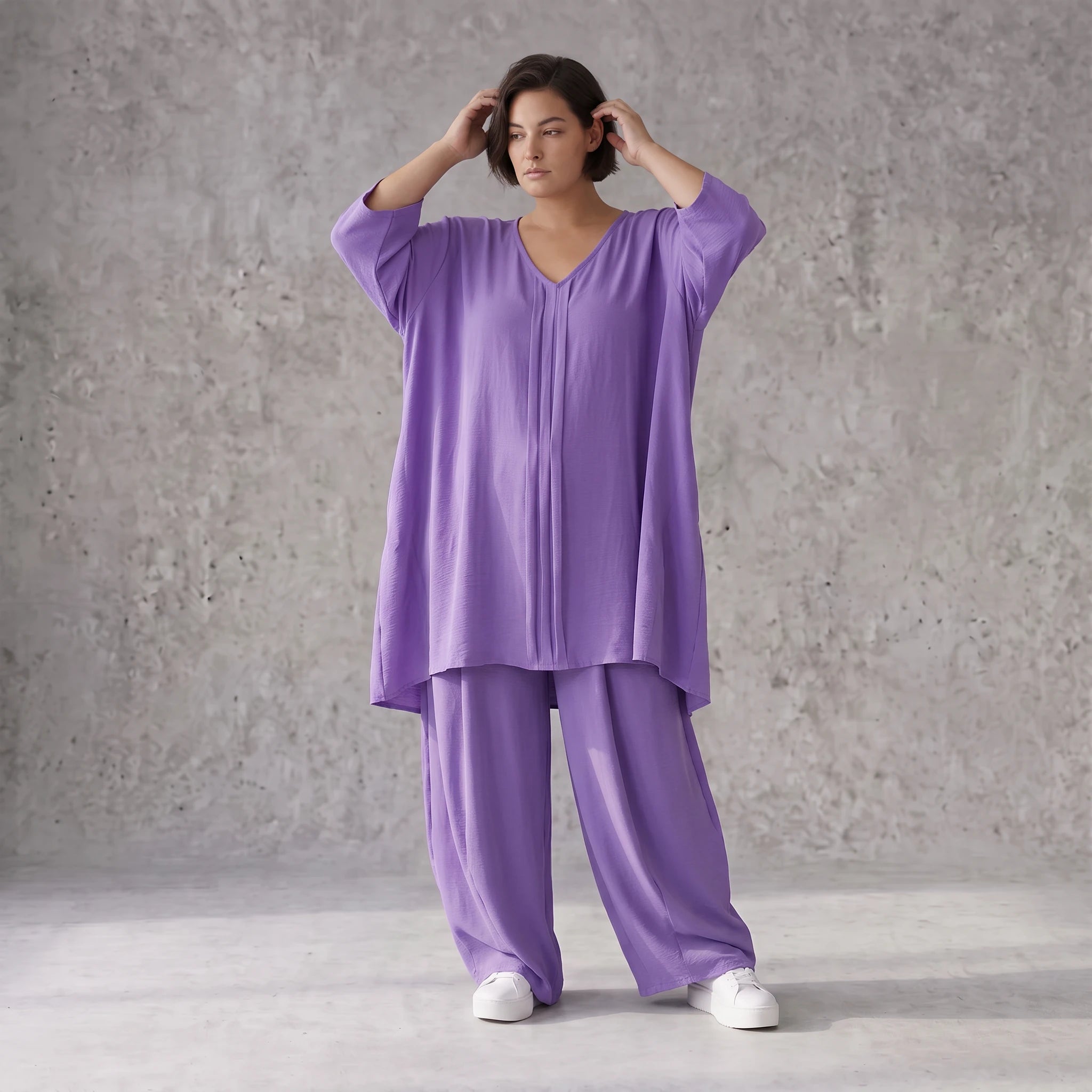 Flieder Leinenlook Shirt im Lagenlook Oversize leger mit V-Ausschnitt und Biesen zeitlos