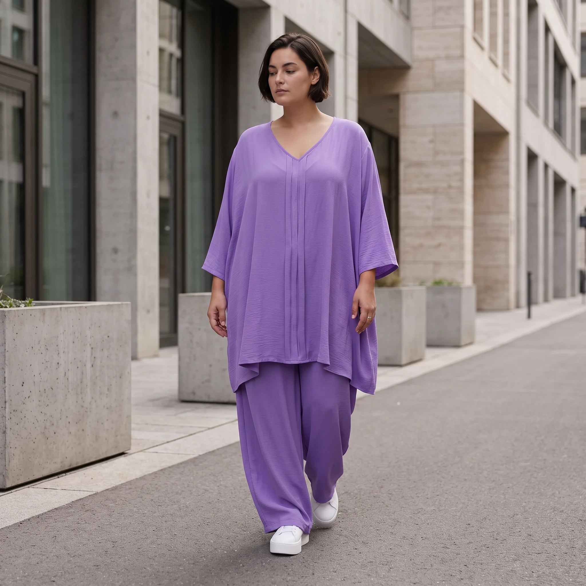 Flieder Leinenlook Shirt im Lagenlook Oversize leger mit V-Ausschnitt und Biesen zeitlos
