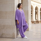 Flieder Leinenlook Shirt im Lagenlook Oversize leger mit V-Ausschnitt und Biesen zeitlos