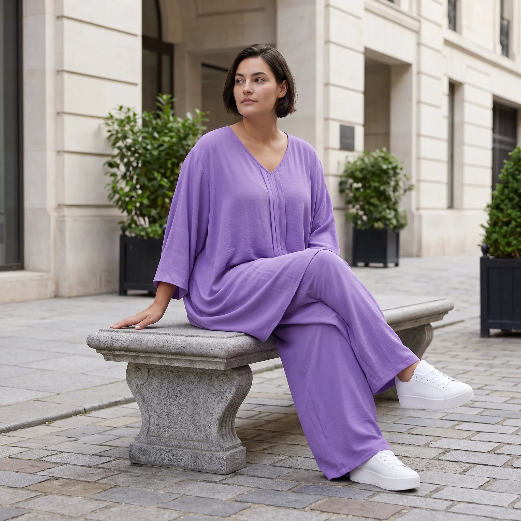 Flieder Leinenlook Shirt im Lagenlook Oversize leger mit V-Ausschnitt und Biesen zeitlos