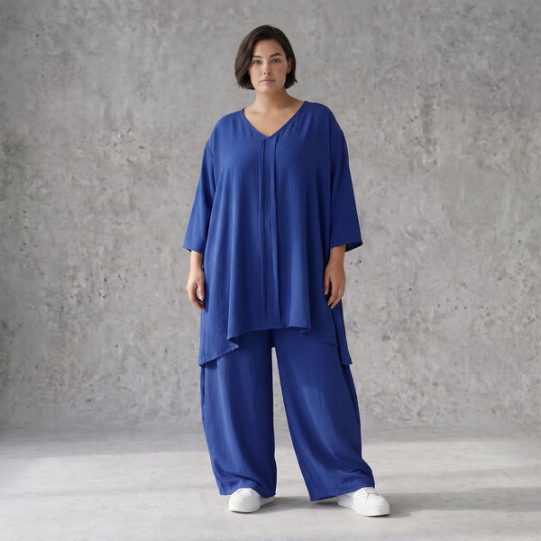 Royalblaues Leinenlookshirt sommerlichen Lagenlook Oversize mit V-Ausschnitt und A-Linie