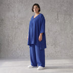 Royalblaues Leinenlookshirt sommerlichen Lagenlook Oversize mit V-Ausschnitt und A-Linie