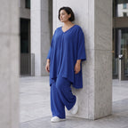 Royalblaues Leinenlookshirt sommerlichen Lagenlook Oversize mit V-Ausschnitt und A-Linie