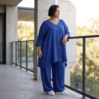 Royalblaues Leinenlookshirt sommerlichen Lagenlook Oversize mit V-Ausschnitt und A-Linie
