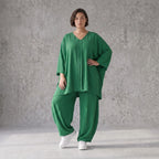 Legeres Oversize Shirt in Smaragdgrün mit Leinenlook A-Linie und V-Ausschnitt zeitlos 89
