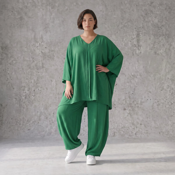 Legeres Oversize Shirt in Smaragdgrün mit Leinenlook A-Linie und V-Ausschnitt zeitlos 89