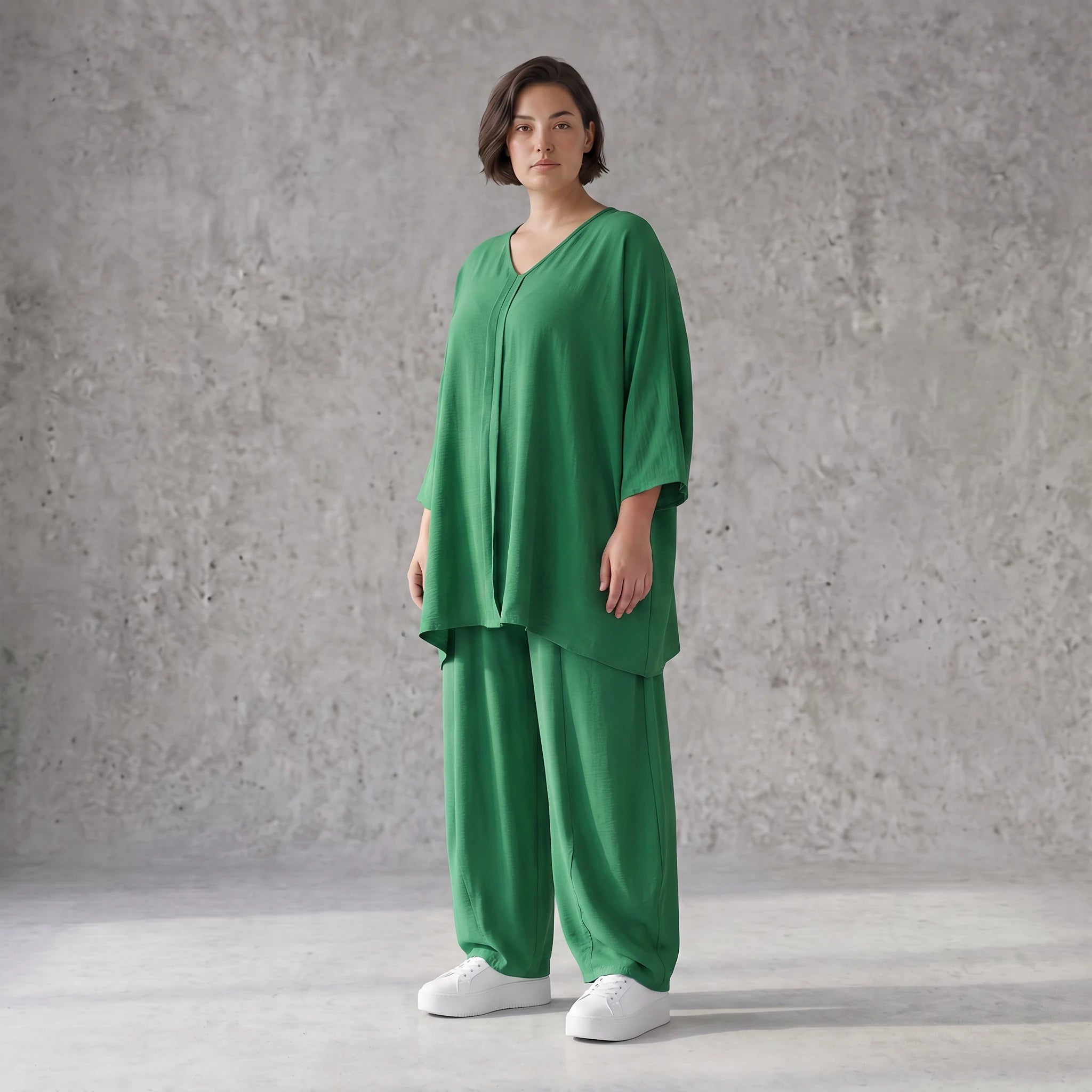 Legeres Oversize Shirt in Smaragdgrün mit Leinenlook A-Linie und V-Ausschnitt zeitlos 89