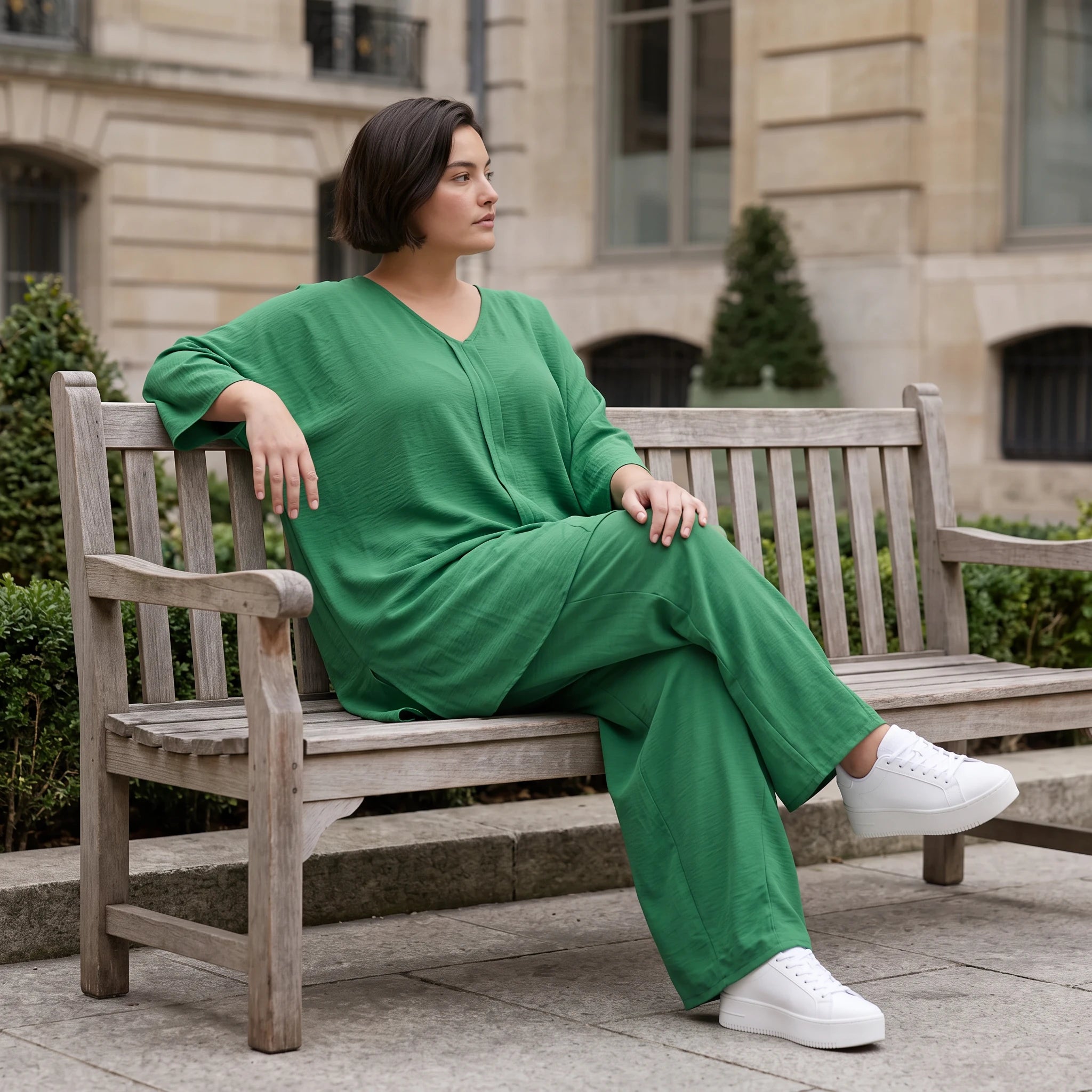 Legeres Oversize Shirt in Smaragdgrün mit Leinenlook A-Linie und V-Ausschnitt zeitlos 89