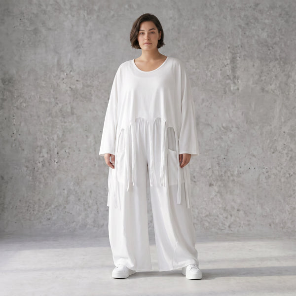 Weißer Oversize Überwurf im Lagenlook leger zeitlos luftig mit Fransen Crashoptik leicht