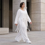 Weißer Oversize Überwurf im Lagenlook leger zeitlos luftig mit Fransen Crashoptik leicht