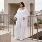 Weißer Oversize Überwurf im Lagenlook leger zeitlos luftig mit Fransen Crashoptik leicht