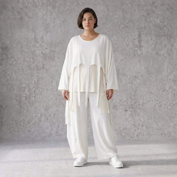 Zeitloser Oversize Lagenlook Überwurf in Creme leger luftig mit Fransen Detail fein soft