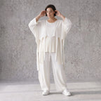 Zeitloser Oversize Lagenlook Überwurf in Creme leger luftig mit Fransen Detail fein soft