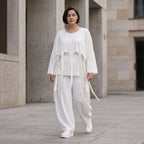 Zeitloser Oversize Lagenlook Überwurf in Creme leger luftig mit Fransen Detail fein soft