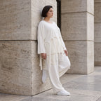 Zeitloser Oversize Lagenlook Überwurf in Creme leger luftig mit Fransen Detail fein soft