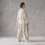 Beige Leinenlook Überwurf im legeren Oversize Lagenlook mit feiner Crashstruktur zeitlos