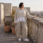 Beige Leinenlook Überwurf im legeren Oversize Lagenlook mit feiner Crashstruktur zeitlos