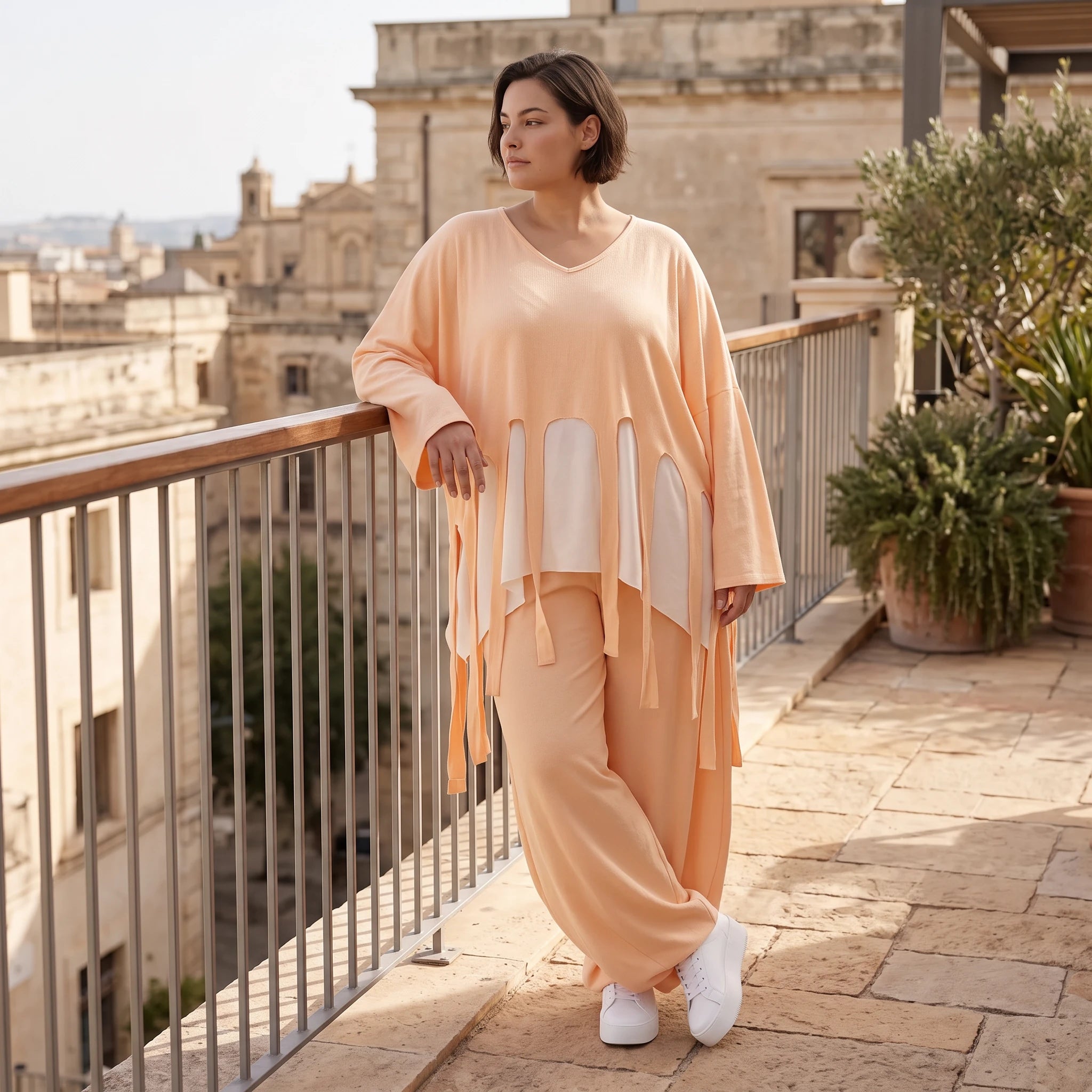 Lagenlook Oversize Überwurf in Mauve leger zeitlos mit Fransen leicht fliessend sommer