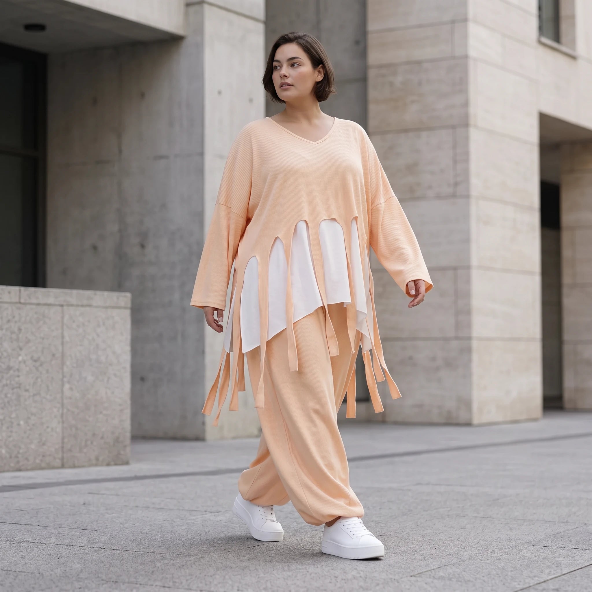 Lagenlook Oversize Überwurf in Mauve leger zeitlos mit Fransen leicht fliessend sommer