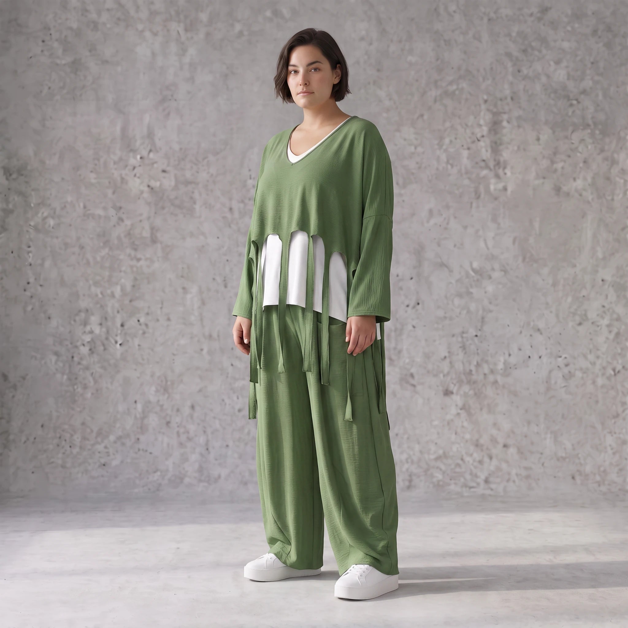 Luftiger Khaki Lagenlook Überwurf in Leinenoptik Oversize leger zeitlos elegant und fein