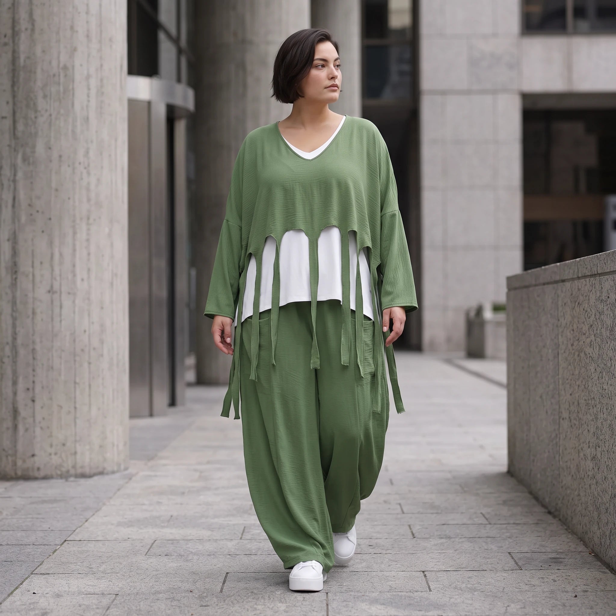 Luftiger Khaki Lagenlook Überwurf in Leinenoptik Oversize leger zeitlos elegant und fein