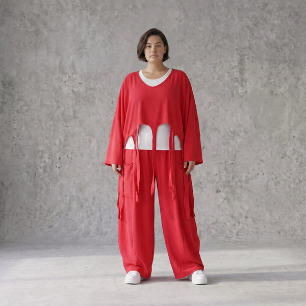 Fuchsia Oversize Überwurf im Lagenlook stilvoll ausgefallen mit Leinenoptik Fransen chic
