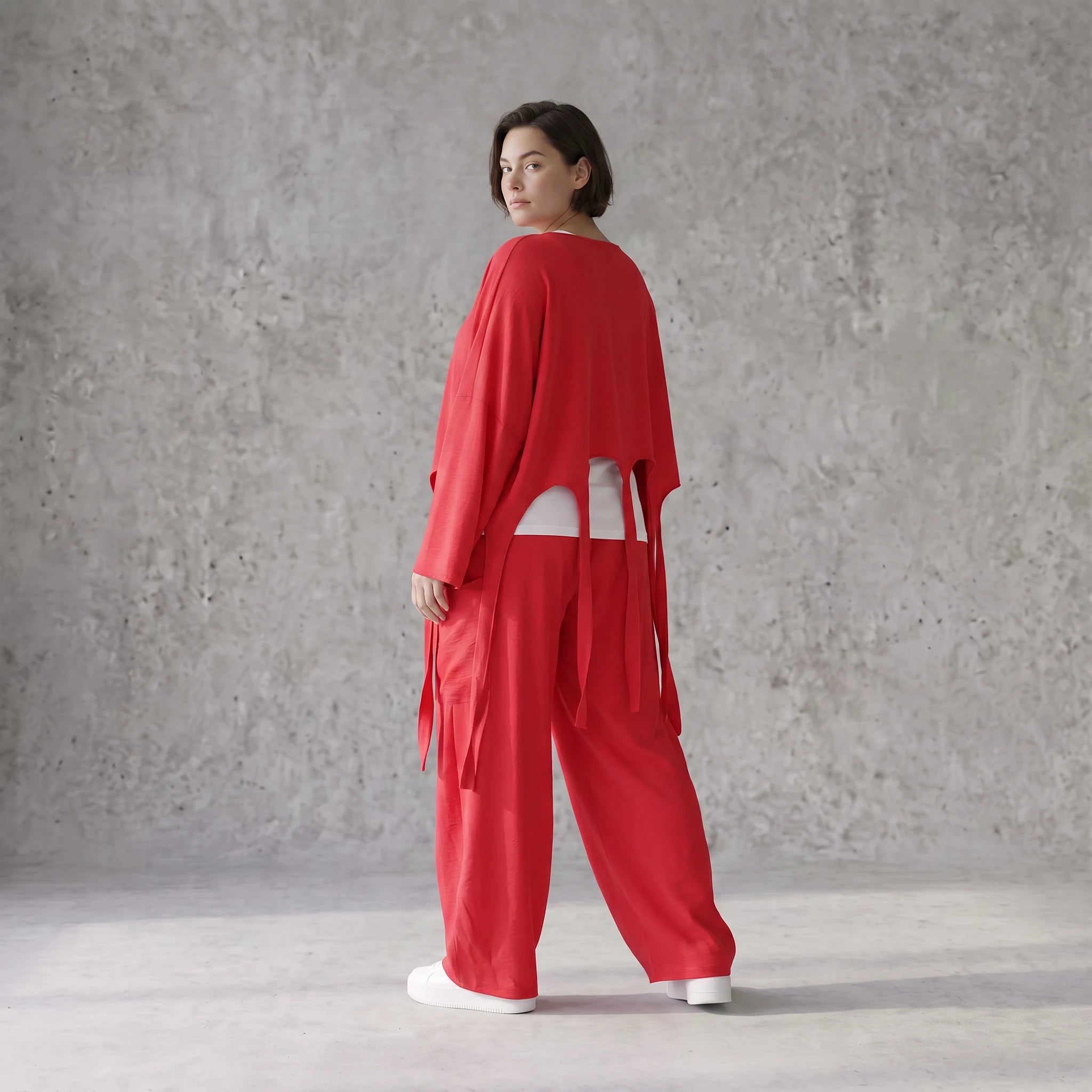 Fuchsia Oversize Überwurf im Lagenlook stilvoll ausgefallen mit Leinenoptik Fransen chic