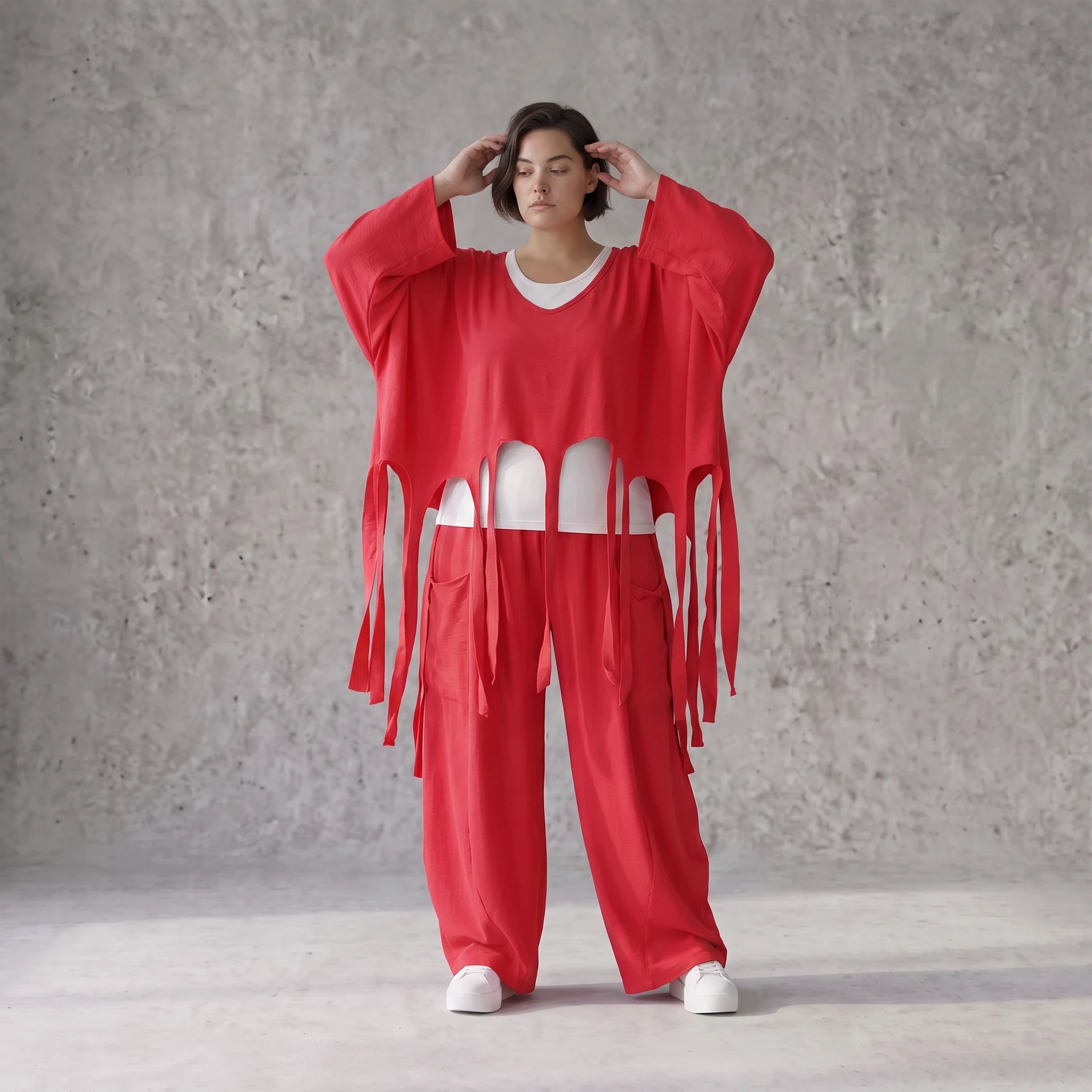 Fuchsia Oversize Überwurf im Lagenlook stilvoll ausgefallen mit Leinenoptik Fransen chic