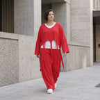 Fuchsia Oversize Überwurf im Lagenlook stilvoll ausgefallen mit Leinenoptik Fransen chic