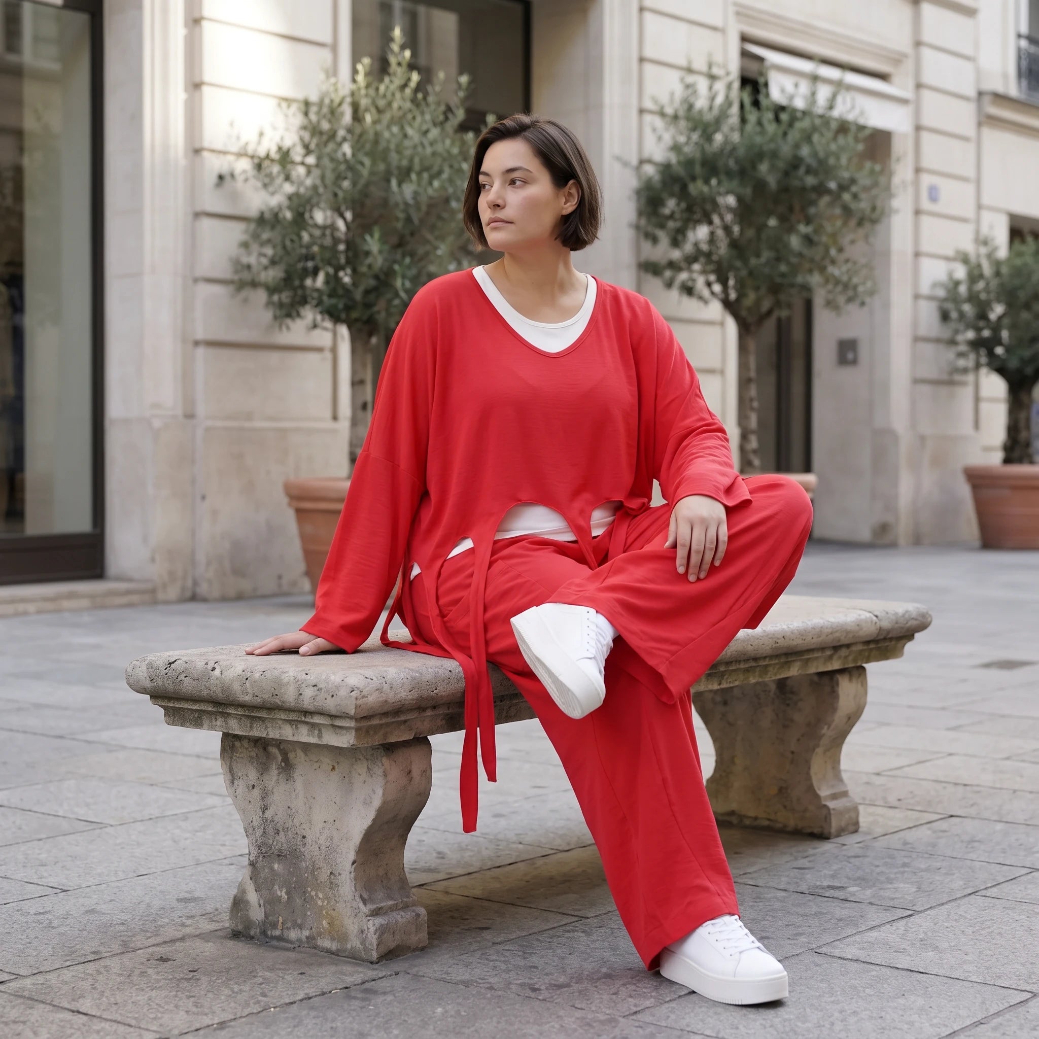 Fuchsia Oversize Überwurf im Lagenlook stilvoll ausgefallen mit Leinenoptik Fransen chic