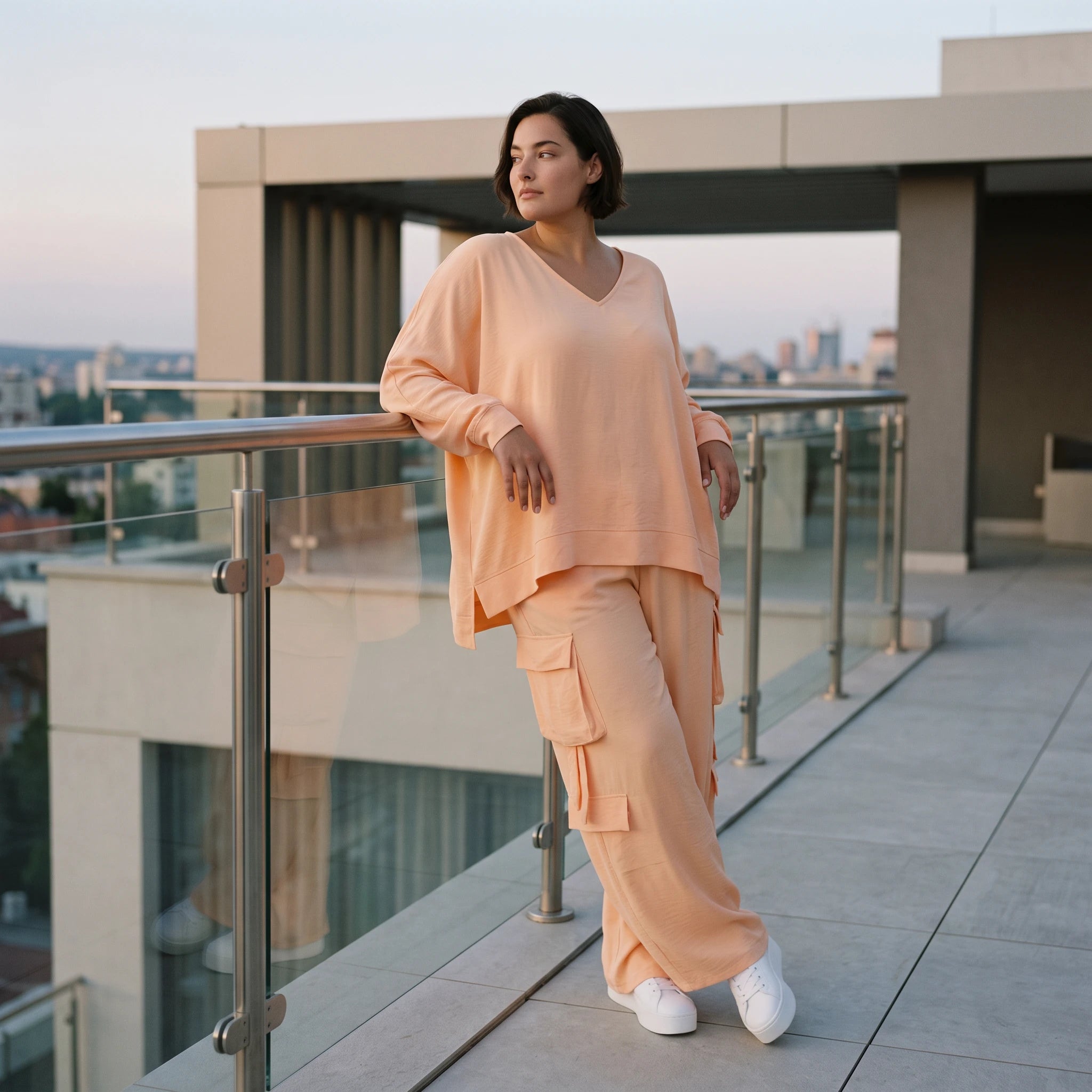 Legere Oversize Ballonhose in fliessendem Mauve mit Lagenlook und Fransen Details Trend
