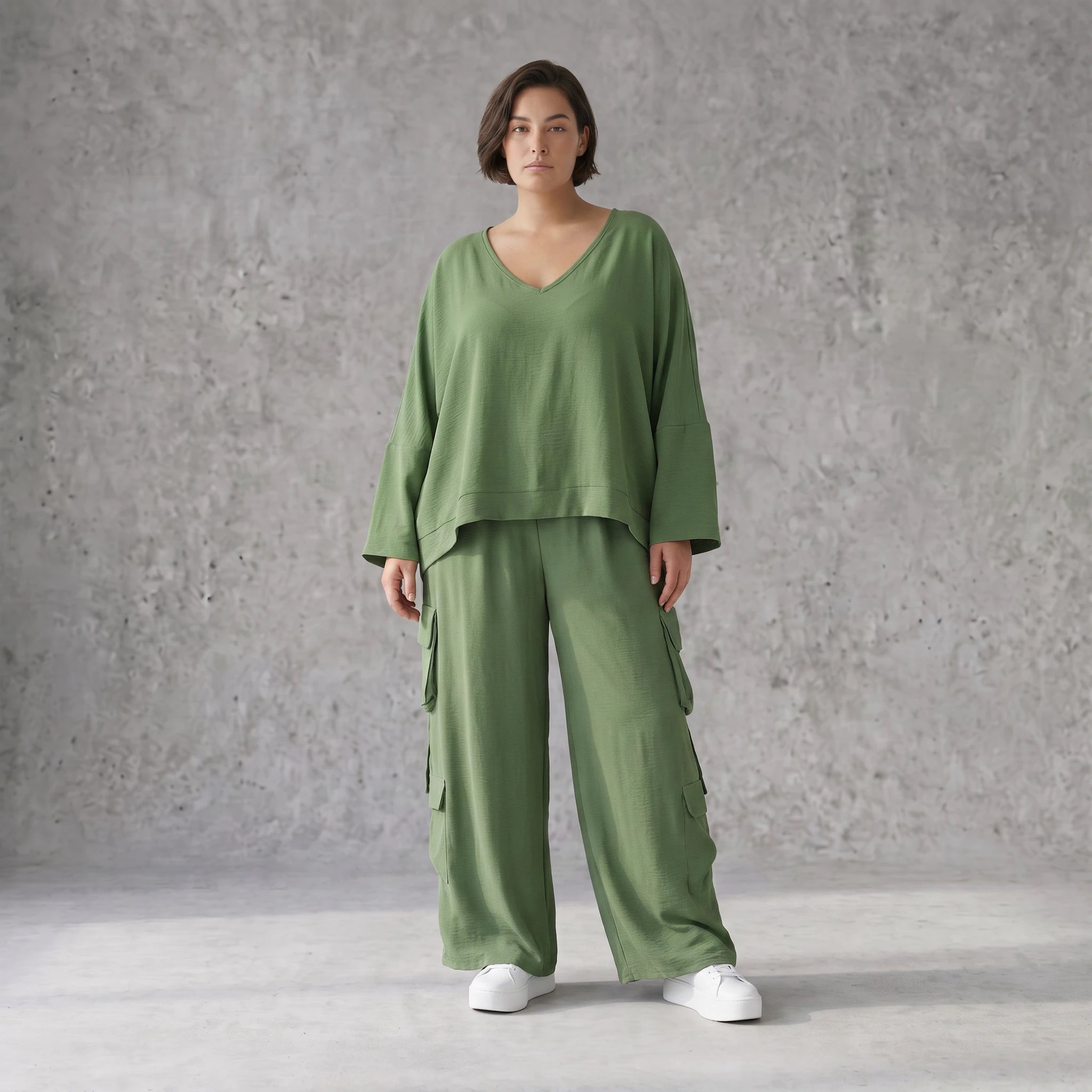 Khaki Ballonhose Lagenlook Oversize luftig ausgefallen zeitlos Fransen Leinenmix Sommer