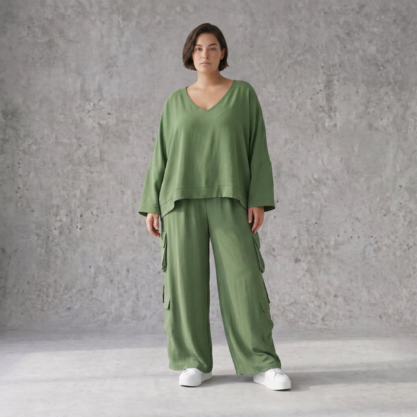 Khaki Ballonhose Lagenlook Oversize luftig ausgefallen zeitlos Fransen Leinenmix Sommer