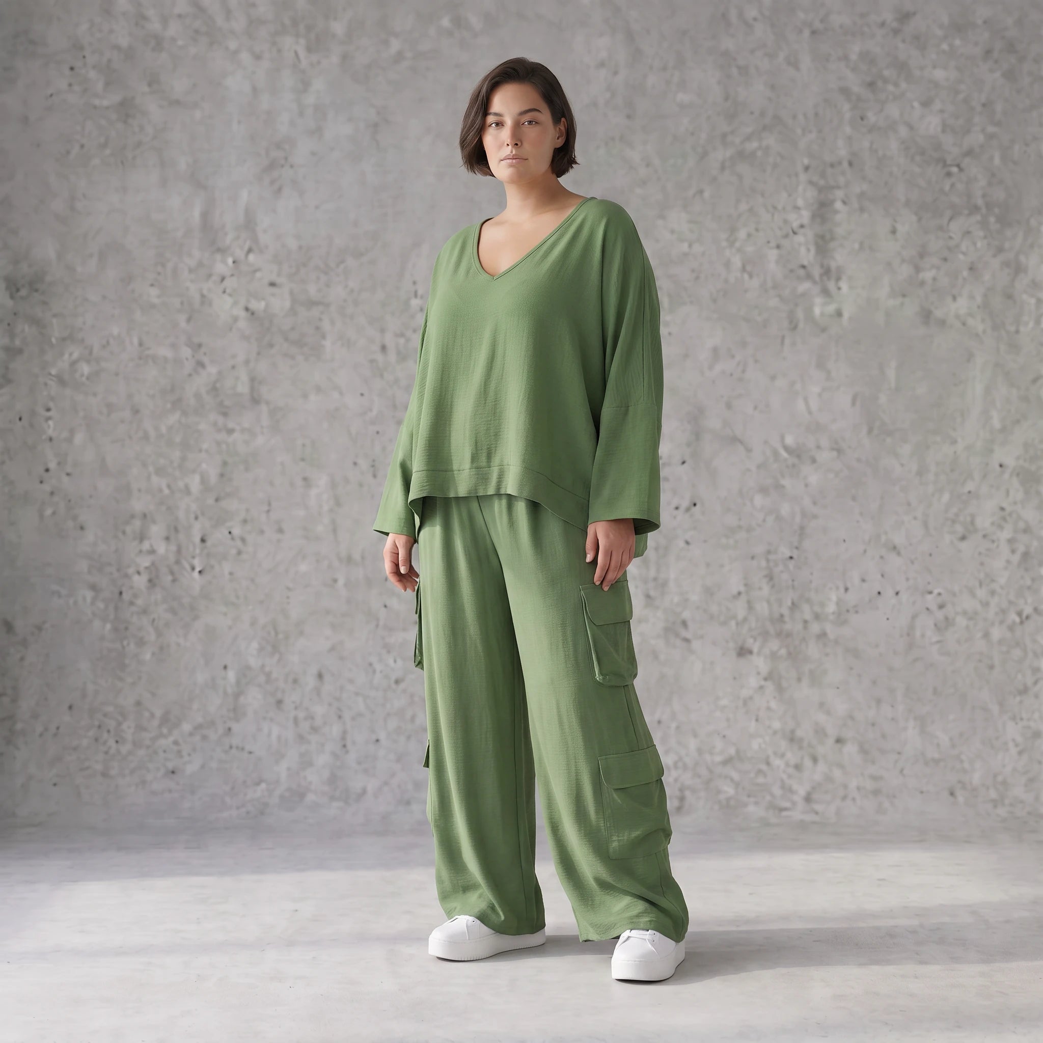 Khaki Ballonhose Lagenlook Oversize luftig ausgefallen zeitlos Fransen Leinenmix Sommer