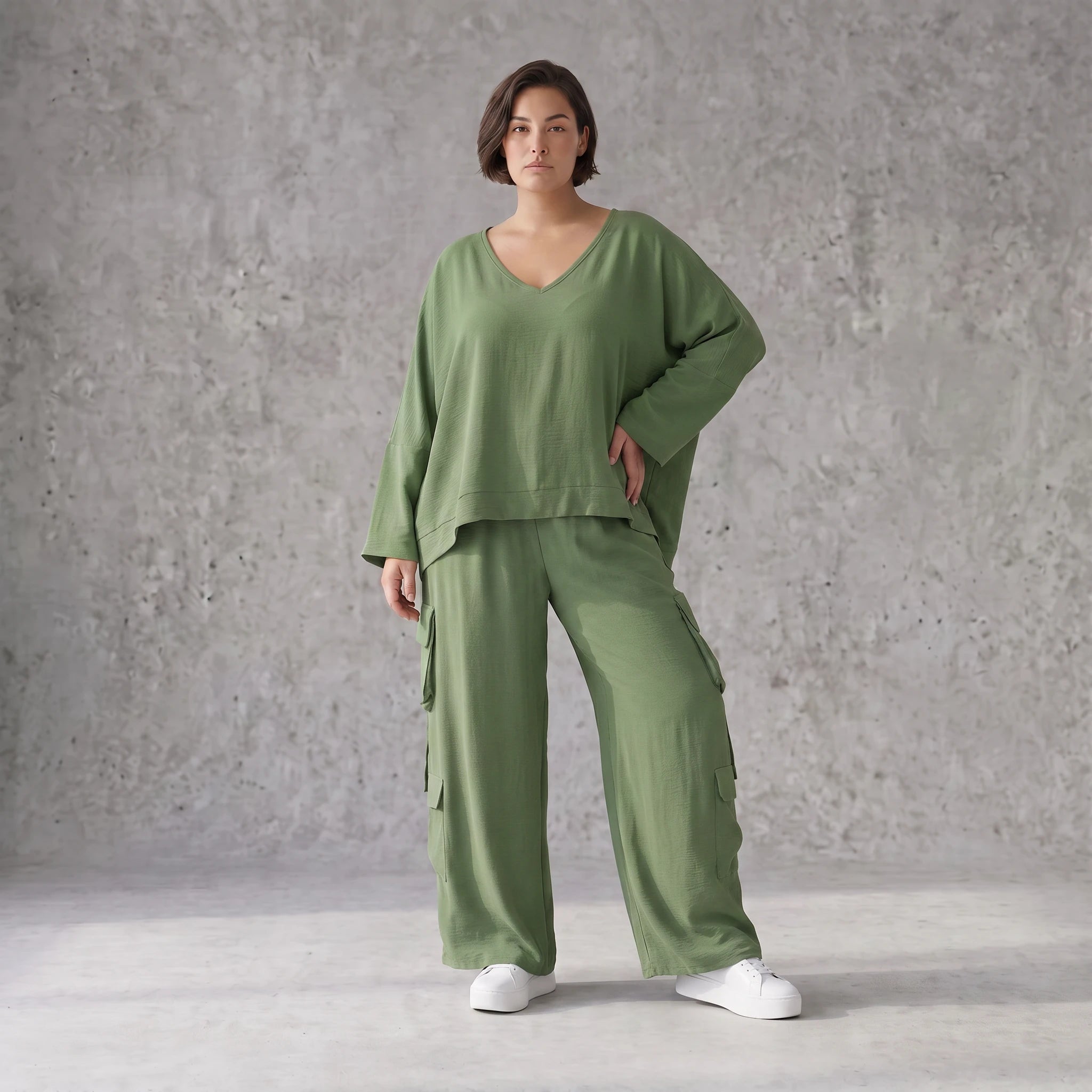 Khaki Ballonhose Lagenlook Oversize luftig ausgefallen zeitlos Fransen Leinenmix Sommer