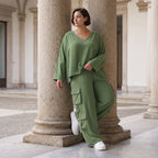 Khaki Ballonhose Lagenlook Oversize luftig ausgefallen zeitlos Fransen Leinenmix Sommer