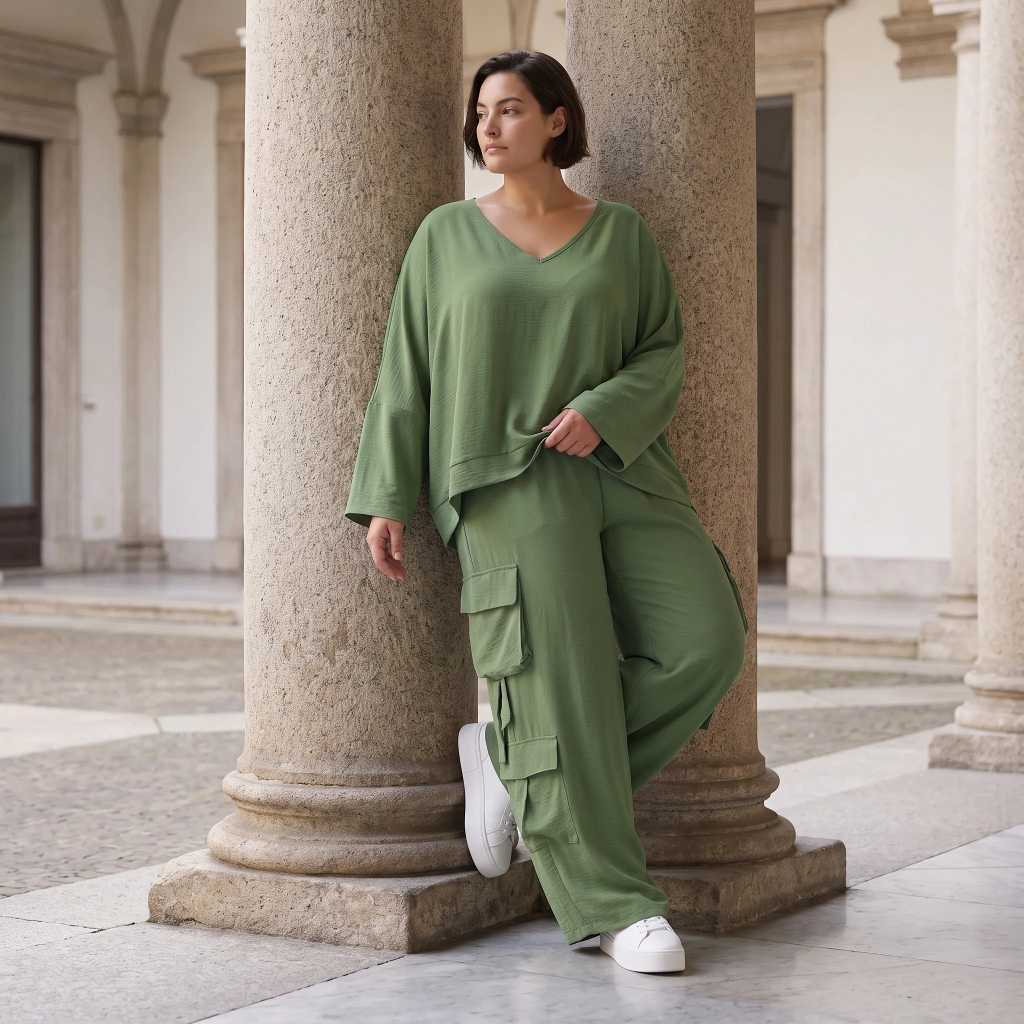 Khaki Ballonhose Lagenlook Oversize luftig ausgefallen zeitlos Fransen Leinenmix Sommer