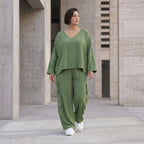 Khaki Ballonhose Lagenlook Oversize luftig ausgefallen zeitlos Fransen Leinenmix Sommer