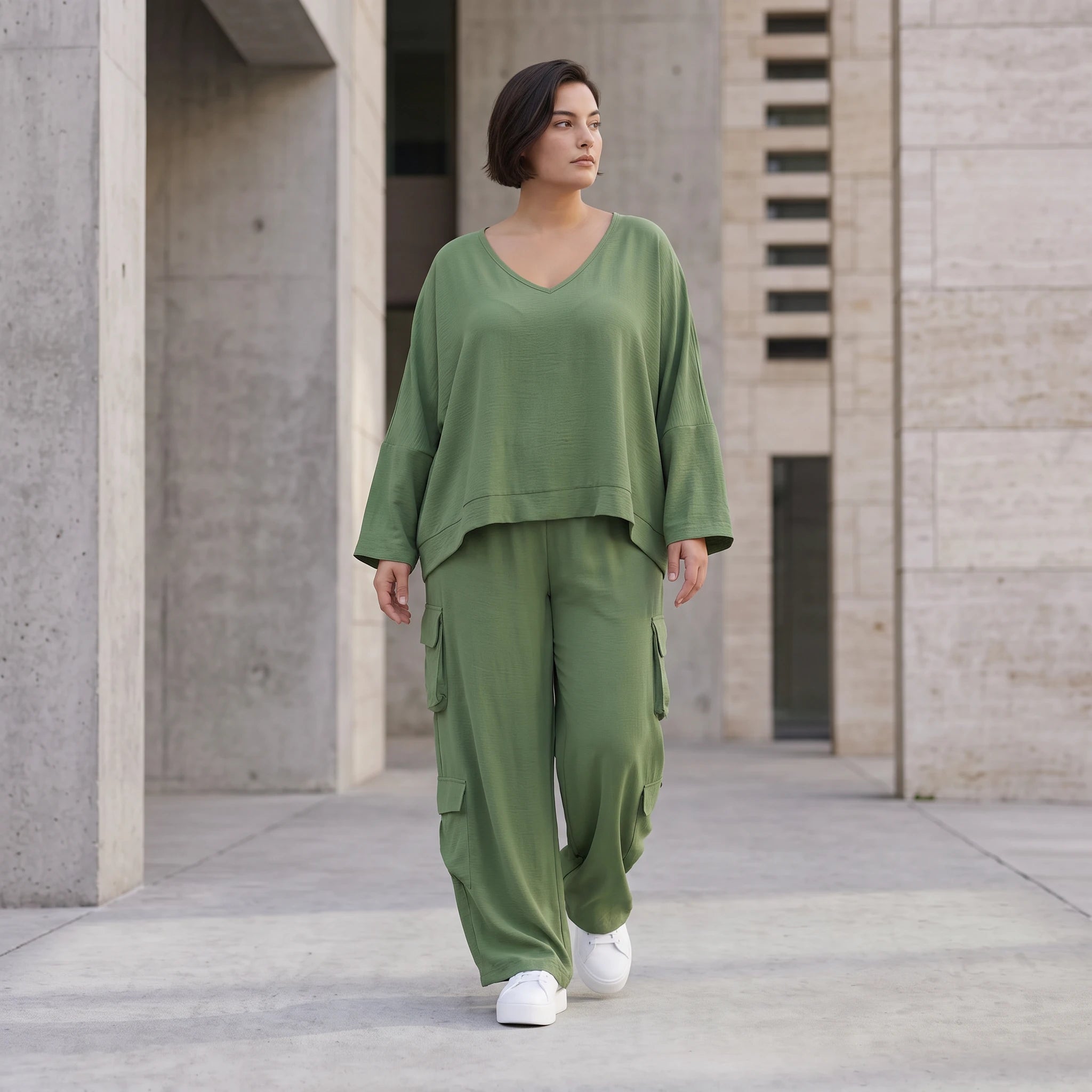 Khaki Ballonhose Lagenlook Oversize luftig ausgefallen zeitlos Fransen Leinenmix Sommer