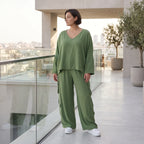 Khaki Ballonhose Lagenlook Oversize luftig ausgefallen zeitlos Fransen Leinenmix Sommer