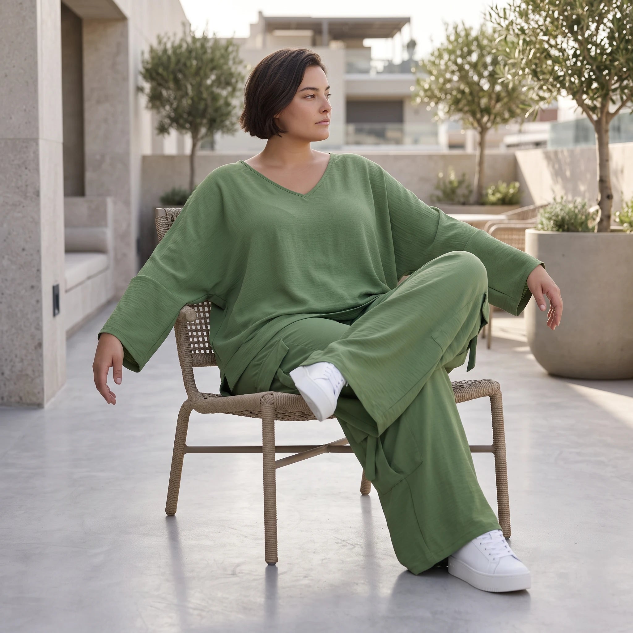 Khaki Ballonhose Lagenlook Oversize luftig ausgefallen zeitlos Fransen Leinenmix Sommer