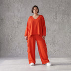 Ballonhose Hellrot fliessend im Lagenlook locker Oversize mit Leinenoptik Crashstruktur