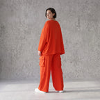 Ballonhose Hellrot fliessend im Lagenlook locker Oversize mit Leinenoptik Crashstruktur