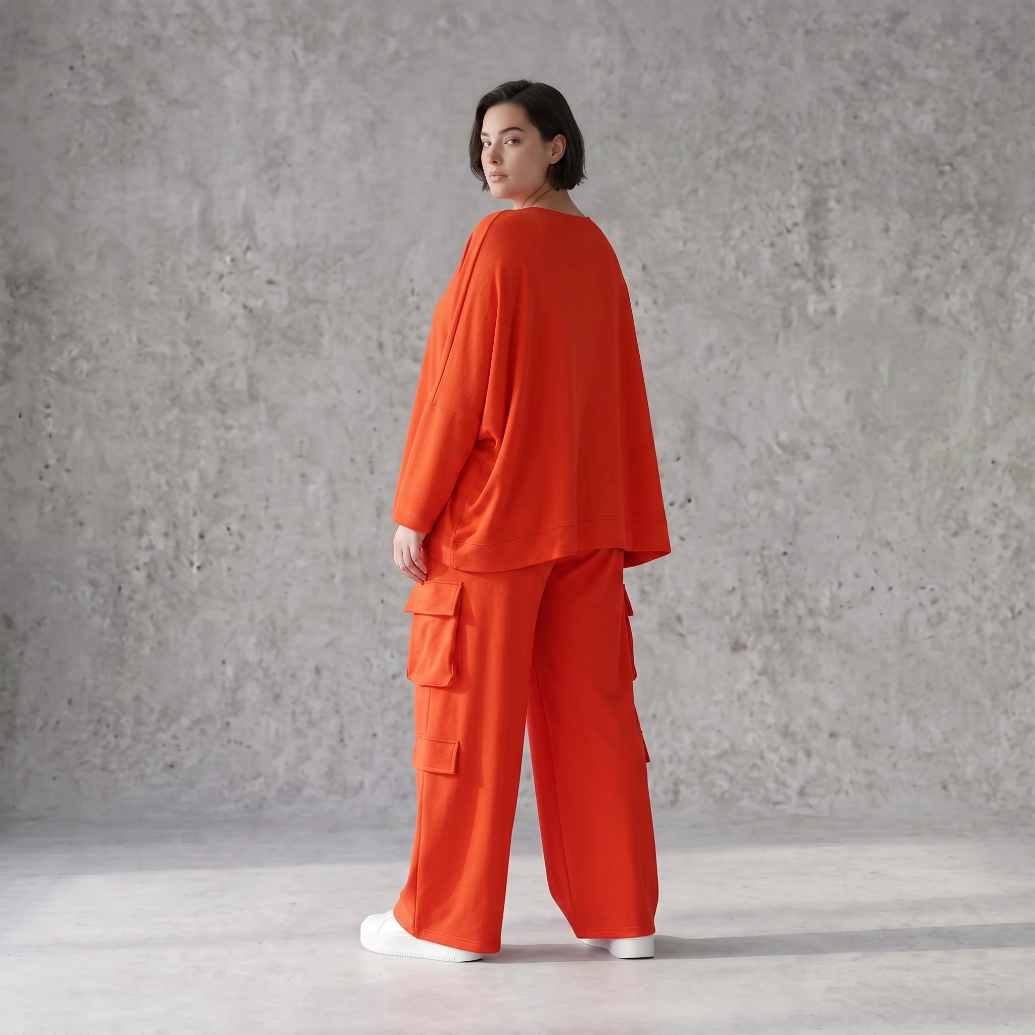 Ballonhose Hellrot fliessend im Lagenlook locker Oversize mit Leinenoptik Crashstruktur