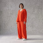 Ballonhose Hellrot fliessend im Lagenlook locker Oversize mit Leinenoptik Crashstruktur