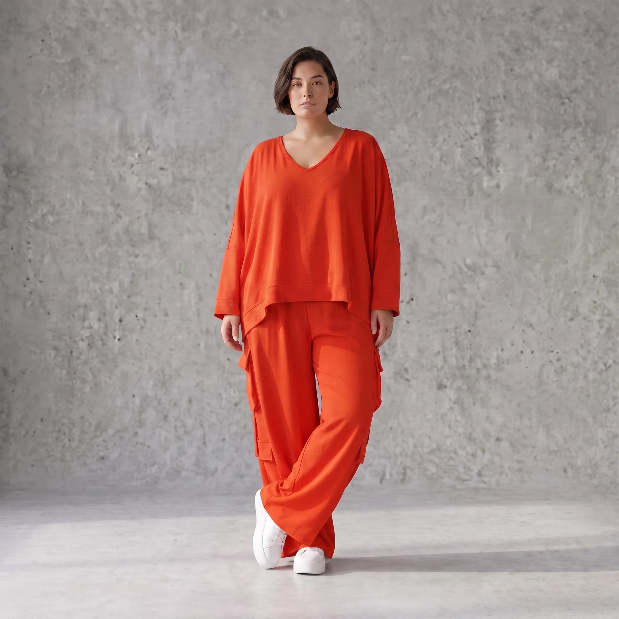 Ballonhose Hellrot fliessend im Lagenlook locker Oversize mit Leinenoptik Crashstruktur