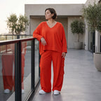 Ballonhose Hellrot fliessend im Lagenlook locker Oversize mit Leinenoptik Crashstruktur